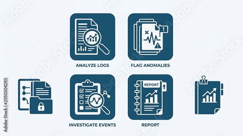 The graphic illustration depicts six icons representing business data analysis processes on a light background.
