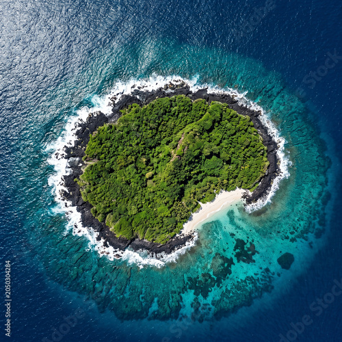 Aerial Drone View of Tropical Island with Turquoise Ocean White Sand Beach and Coral Reef