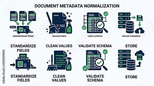 Document metadata normalization process with standardize fields and clean values for data validation and storage.