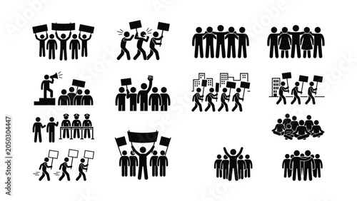 Vászonkép Set of stick figure icons depicting people protesting and demonstrating