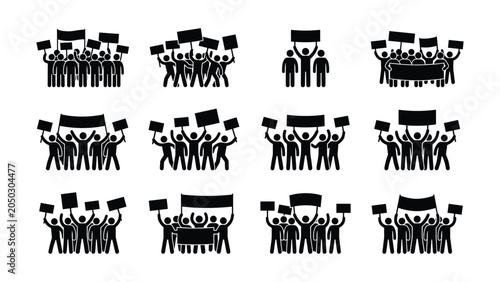 Fotografie Set of stick figure silhouettes protesting with signs and banners