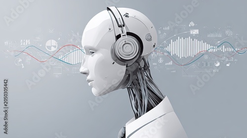 White humanoid robot wearing headphones with digital sound waves.