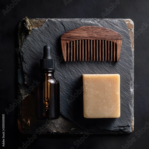 Minimalist flatlay of men grooming products with beard oil bottle and wooden comb on dark slate background, masculine premium spa and wellness care photography
