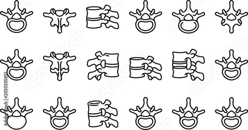 Принти на полотні Set of human spine vertebra bone anatomical outline icons.