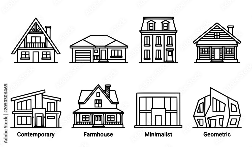 Fototapeta premium Residential House Line Art Icons with Diverse Roof Shapes and Home Architecture Symbols