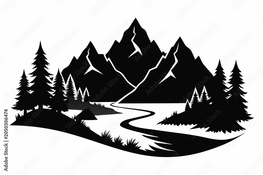 Fototapeta premium mountain river landscape silhouette line art vector illustration