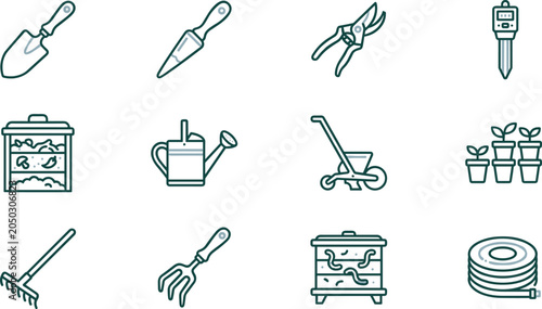 Photos Set of outline garden tools and equipment icons for horticulture and landscaping