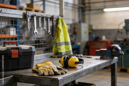 Schilderij op canvas Workplace safety gear and tools laid out on a workbench in a workshop