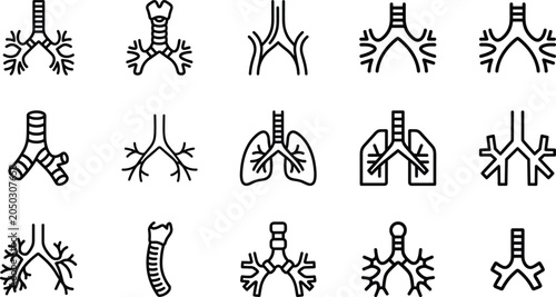 Bild auf Leinwand Set of Human Lungs and Bronchial Tree Outline Icons.