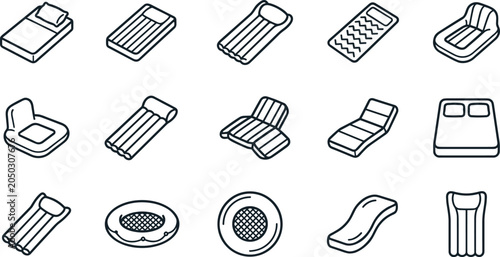 Foto Set of inflatable mattress and pool float icons.