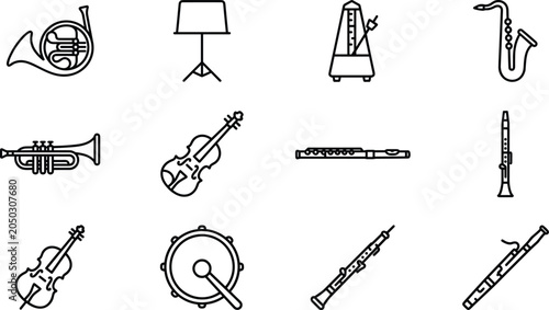 Foto Set of outline icons representing various musical instruments and accessories