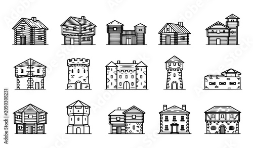 Schilderij op canvas Historic Blockhouse Architecture Line Art Vector Collection for Art and Design P