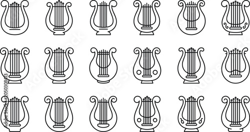Schilderij op canvas Set of eighteen diverse hand drawn lyre musical instrument icons.