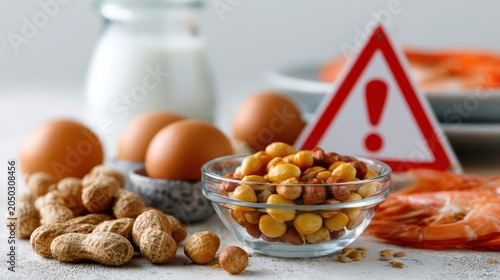 food allergen awareness, a top-notch advertisement displaying labeled food allergens such as peanuts, milk, eggs, and seafood on a kitchen table with warning signs