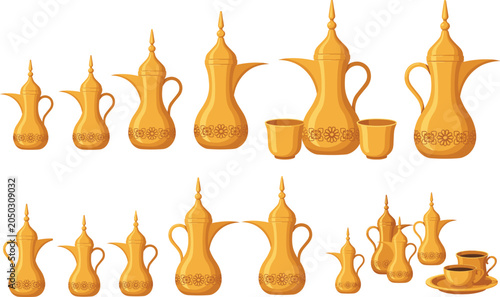 Tableau sur toile Traditional Arabic Coffee Pot and Cup Collection Set, Golden Dallah Teapot for R