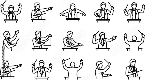 Cuadro en lienzo Set of conductor line icons representing orchestral leadership and musical performance