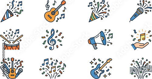 Collection of hand drawn musical instrument icons and musical notes.