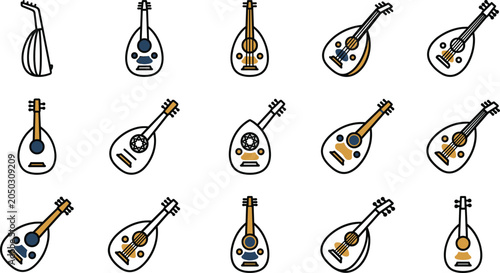 Bild auf Leinwand Set of fifteen hand drawn outline icons of Arabic Oud musical instruments