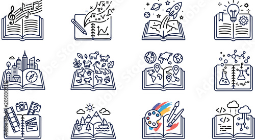 Set of hand drawn open books representing various academic and creative subjects.