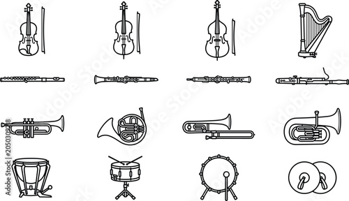 Foto Set of musical instrument line art icons.