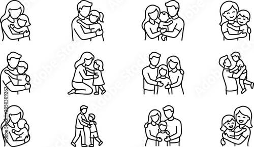 Set of outline family and parenting icons featuring parents and children interacting.