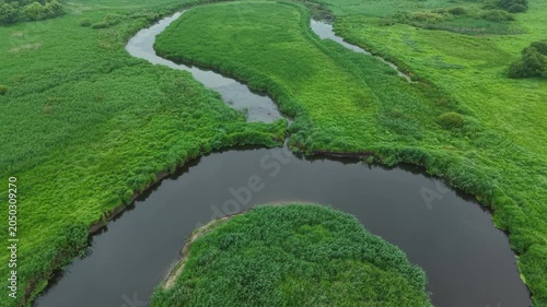 Oxbow Lake Confluence – Low Forward Tilt Down Aerial Flight Over Two Waters