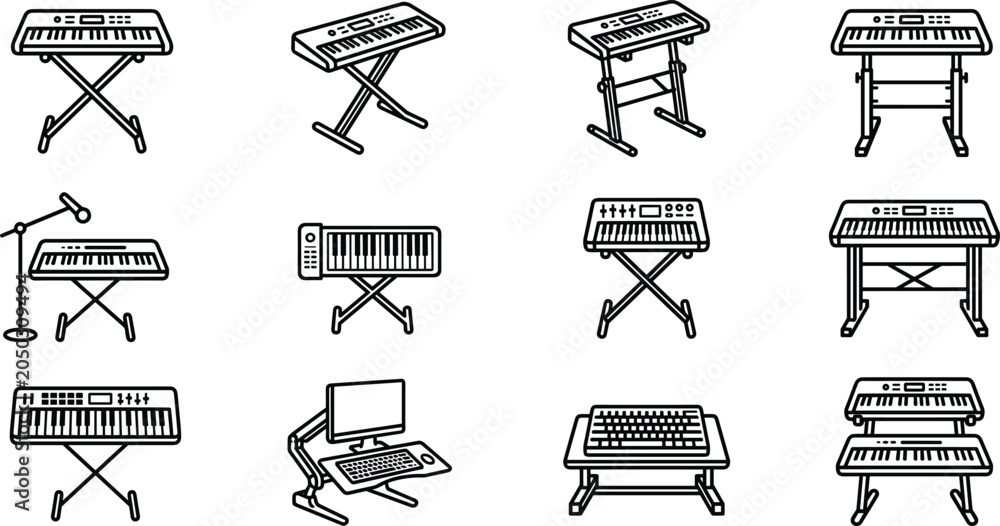 Fototapeta premium Set of Various Digital Piano Keyboard Stands and Equipment Icons.