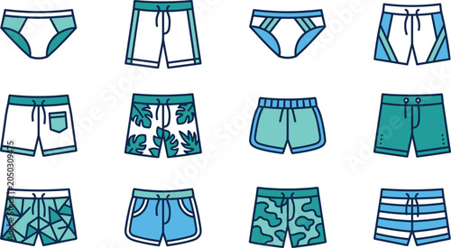 Obraz na plátně Set of various men swimwear and beach shorts icons.