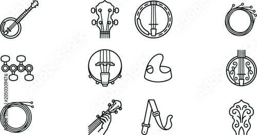Foto Set of banjo musical instrument line icons.