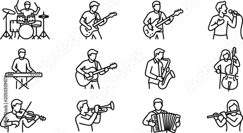 фотографія Set of musical instrument players and musicians in outline style.