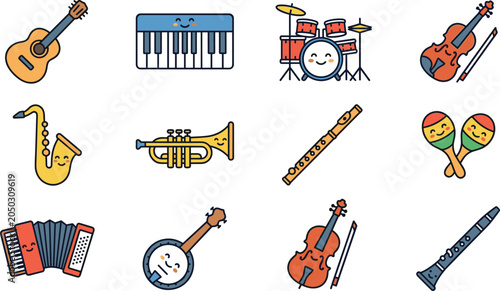 Set of cute musical instrument icons for children education.
