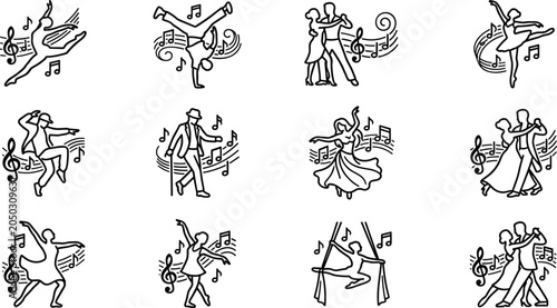 Photos Set of various dance styles icons with musical notes.