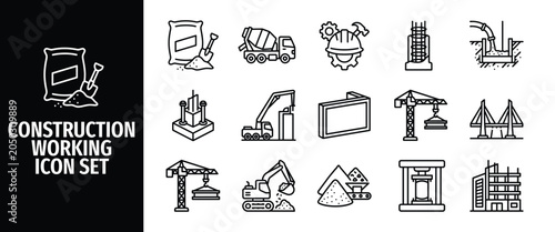 Konstfotografi Construction working icon set with building materials, heavy machinery, engineer
