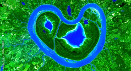 Abstract Heart Shape with Glowing Blue and Green Digital Texture in Neon Style