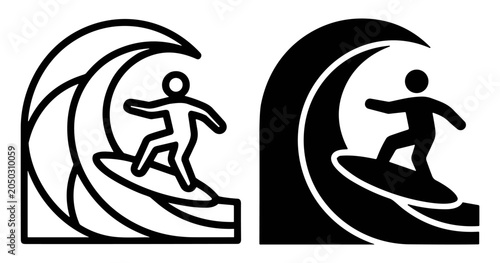 Photography Black and white line art icons of a person surfing a wave on a surfboard on tran