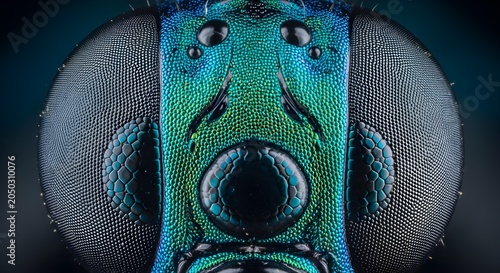 Close-up portrait of green chameleon with blue eye and textured skin on dark background