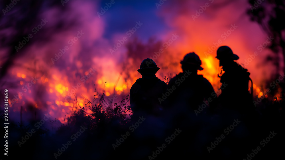 Fototapeta premium Firefighters stand silhouetted against towering orange flames and thick smoke during a controlled training burn at dusk.