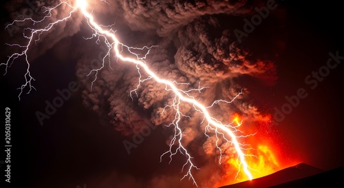 Dramatic Lightning Strike Over Dark Storm Clouds with Fiery Glow and Electric Bolts