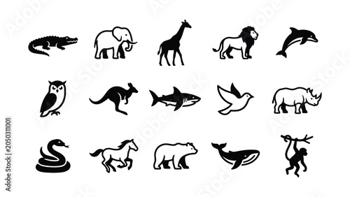 Photography Set of wild animal silhouettes icons for design.