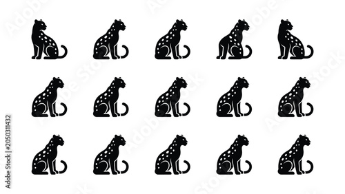 Photography Set of repeating black silhouette illustrations of spotted wild cats sitting