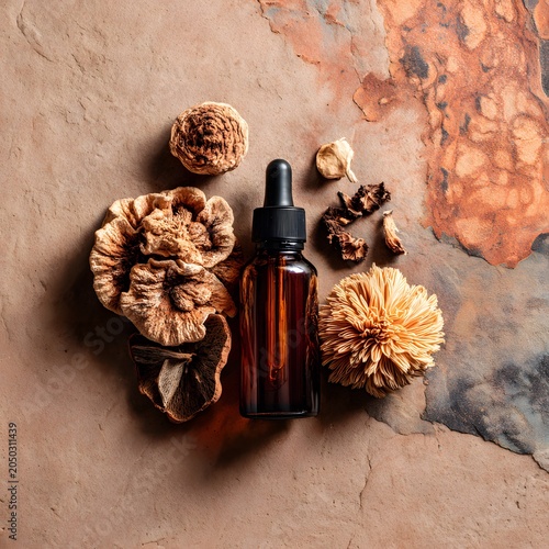 Minimalist flatlay of functional adaptogenic mushrooms with amber glass dropper bottle on clay background, alternative medicine and holistic health supplement photography

