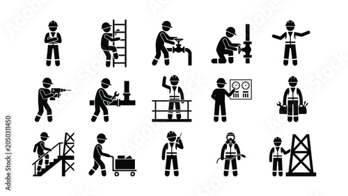 Set of black silhouette stick figure industrial worker icons.