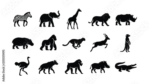 Photography Set of African wildlife animal silhouettes collection.
