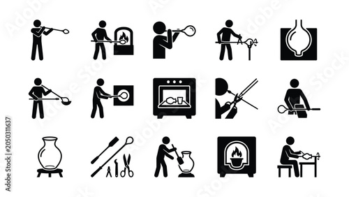 Photos Glassblowing craft process icons set showing artistic manual production techniques