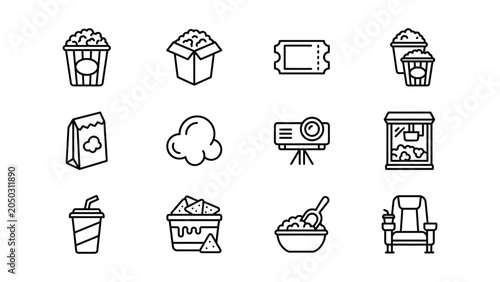 Schilderij op canvas Set of cinema and movie theater line icons.