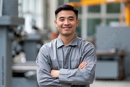 Confident young male industrial worker portrait in gray coveralls with arms crossed in an engineering workshop for company profile banner and recruitment materials