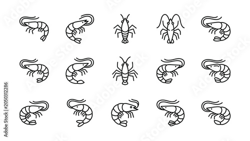 Εκτύπωση καμβά Set of simple outline icons of shrimp and prawns.