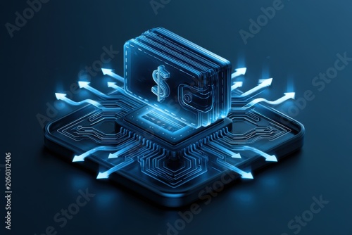 Digital wallet on circuit board for cryptocurrency fintech security 3D render