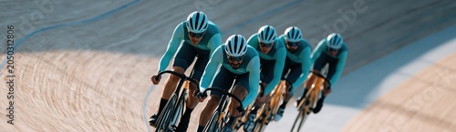 Team pursuit track cycling group riding fast on banked velodrome for sports poster banner background and athletic training promotion