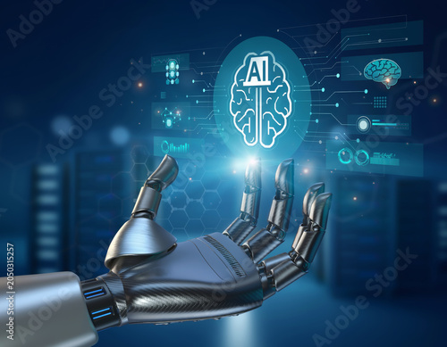 Robotic hand interacting with artificial intelligence icons Generated image